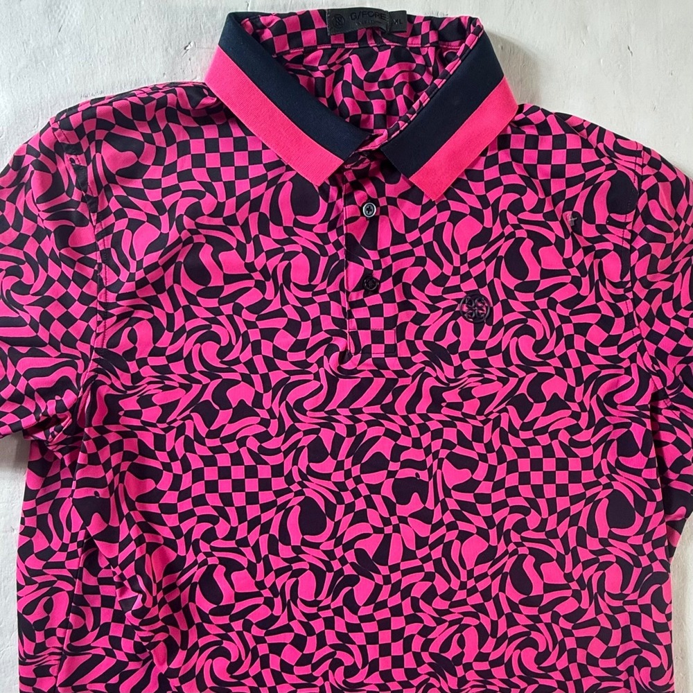 G/FORE Polo Shirt Mens XL Pink Warped Checkerboard Psychedelic Performance‎ Golf